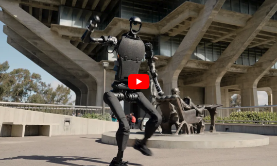 Dancing robot in front of Geisel Library at UC San Diego